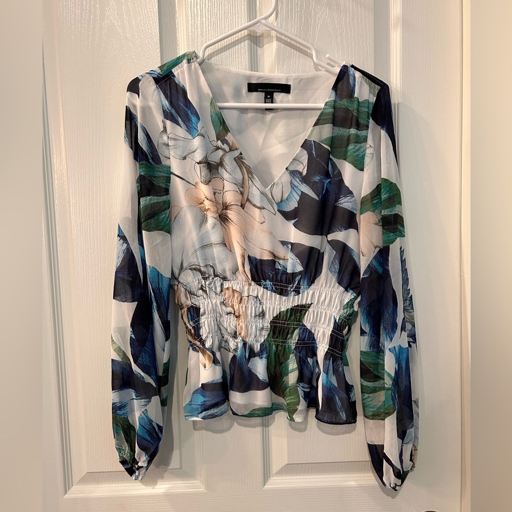 WHITE HOUSE BLACK MARKET; V-neck, elastic waist blouse with long sleeves; Size M